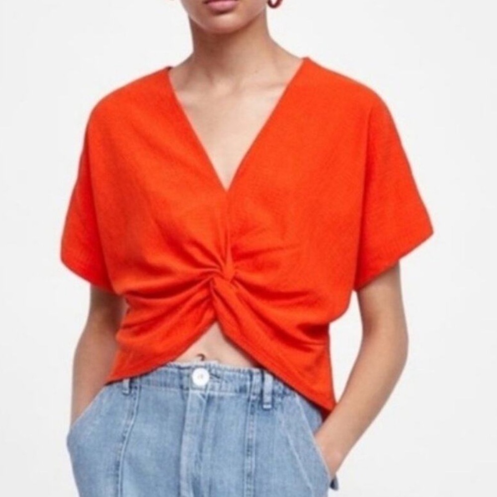 NWT ZARA NEON ORANGE CROPPED KNOT FRONT KNIT TOP SHIRT S